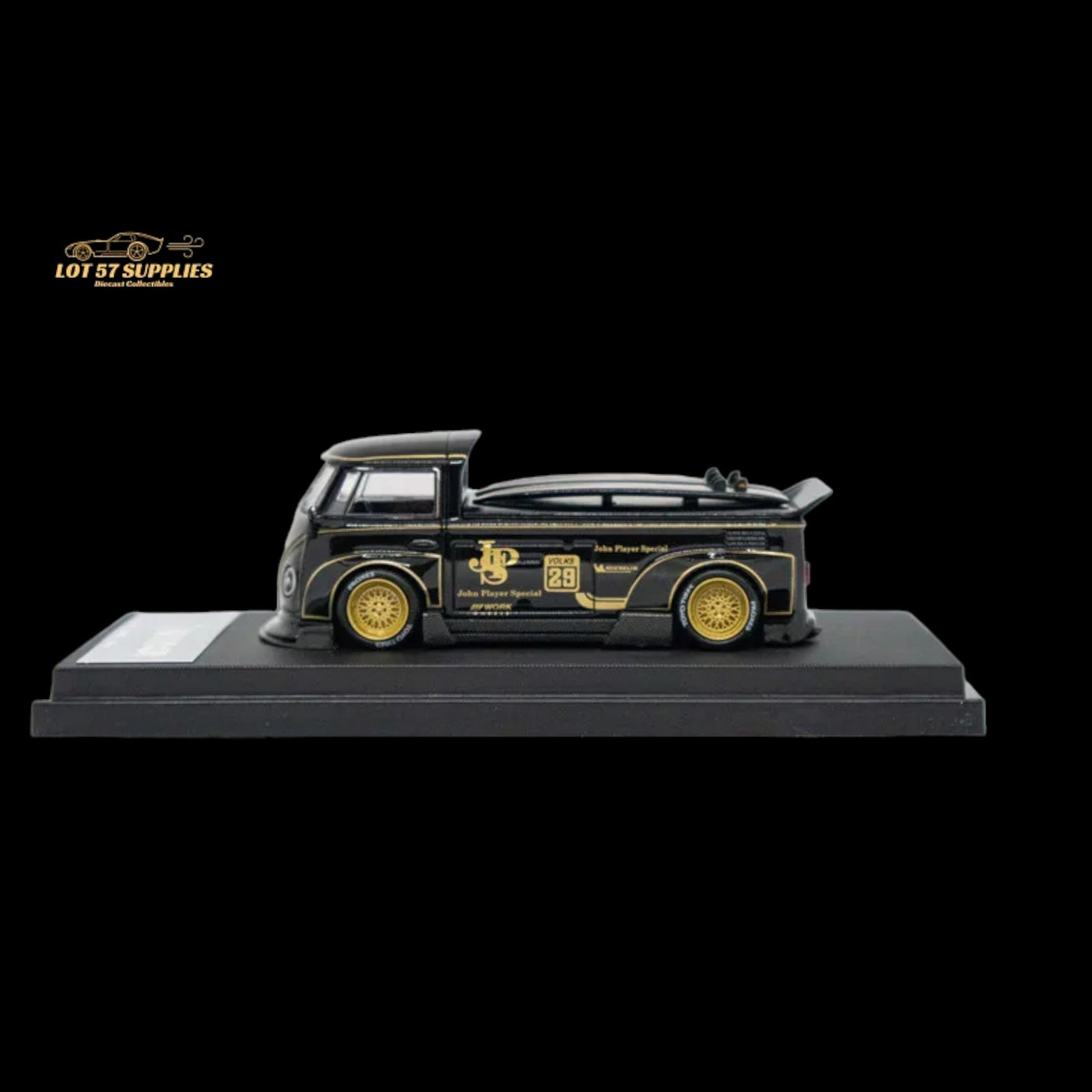 Diecast Volkswagen T1 Pick Up JPS model with surfboards, 1:64 scale, detailed replica by Lot57Supplies Diecast Shop.