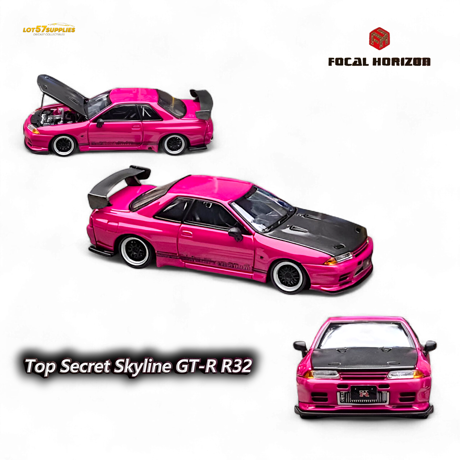 Pink Focal Horizon Nissan Skyline GT-R R32 diecast model in 1:64 scale, detailed Top Secret edition from Lot57Supplies Diecast Shop