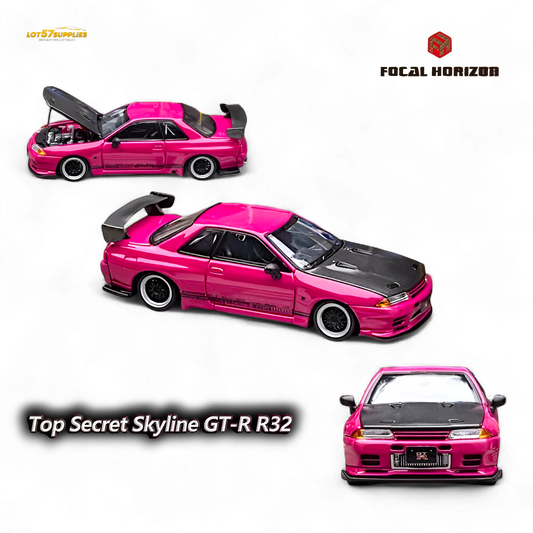 Pink Focal Horizon Nissan Skyline GT-R R32 diecast model in 1:64 scale, detailed Top Secret edition from Lot57Supplies Diecast Shop