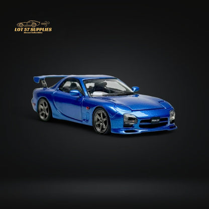 Metallic blue PGM Mazda RX-7 FD3S diecast model car in 1:64 scale by Lot57Supplies Diecast Shop, detailed exterior, close-up view