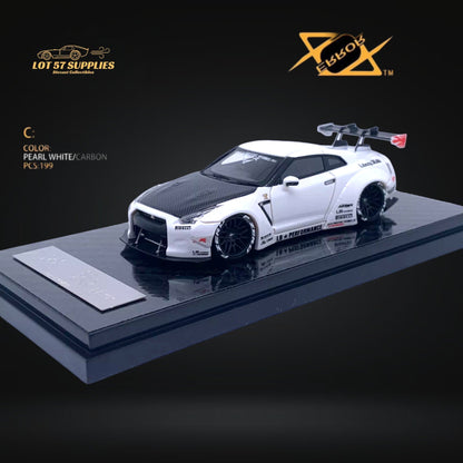 Pearl white Nissan Skyline GT-R R35 diecast model with carbon hood, detailed 1:64 scale, from Lot57Supplies Diecast Shop.