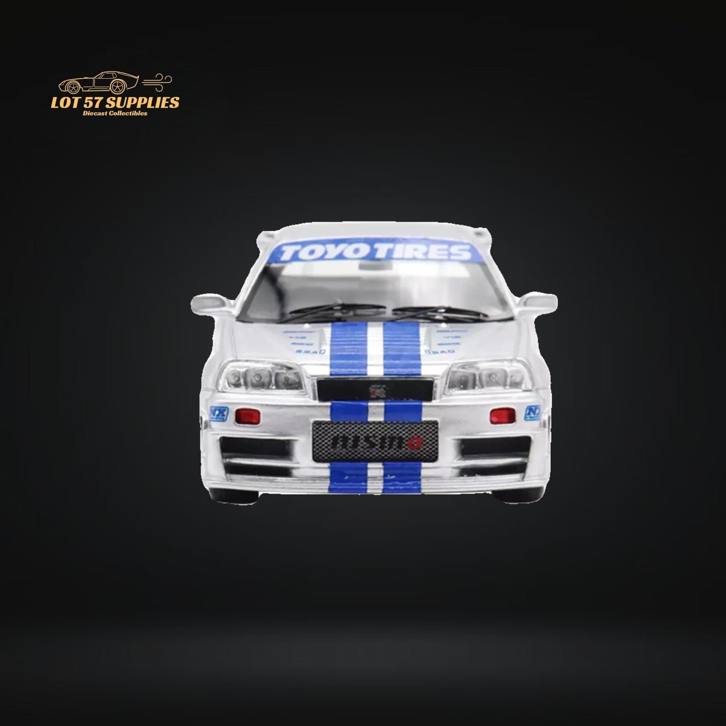 Silver blue Nissan Skyline R34 diecast model with F&F livery, 1:64 scale, by Lot57Supplies Diecast Shop.