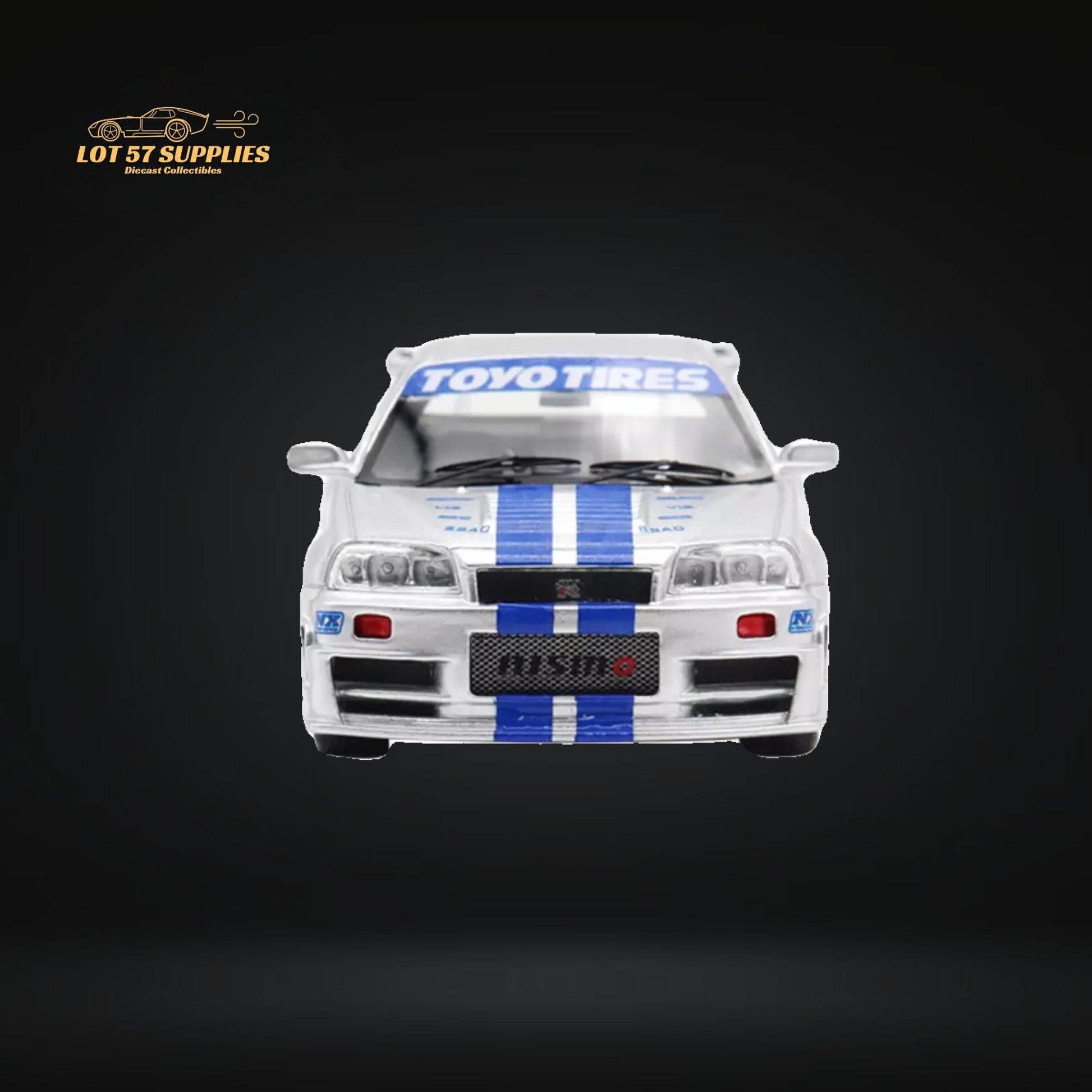 Silver blue Nissan Skyline R34 diecast model with F&F livery, 1:64 scale, by Lot57Supplies Diecast Shop.