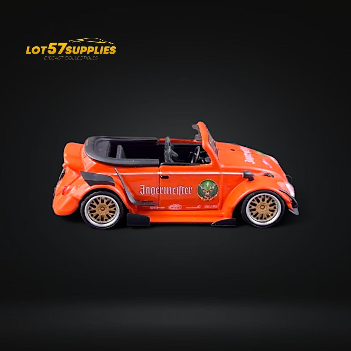 Diecast VW Beetle Jagermeister model by Lot57Supplies, 1:64 scale, detailed miniature Volkswagen car with Jagermeister branding