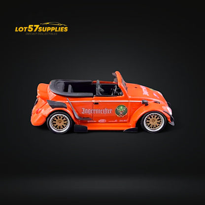 Diecast VW Beetle Jagermeister model by Lot57Supplies, 1:64 scale, detailed miniature Volkswagen car with Jagermeister branding