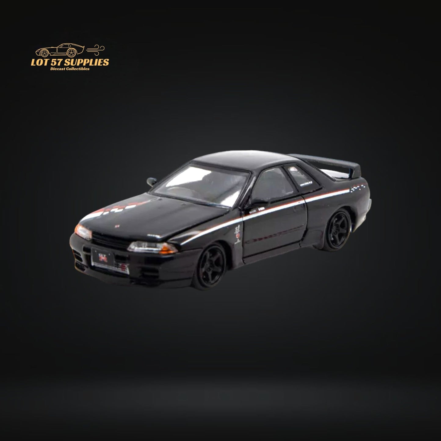 Nissan Skyline R32 GT-R Nismo S-Tune diecast model car in 1:64 scale by Lot57Supplies, detailed silver and black exterior.