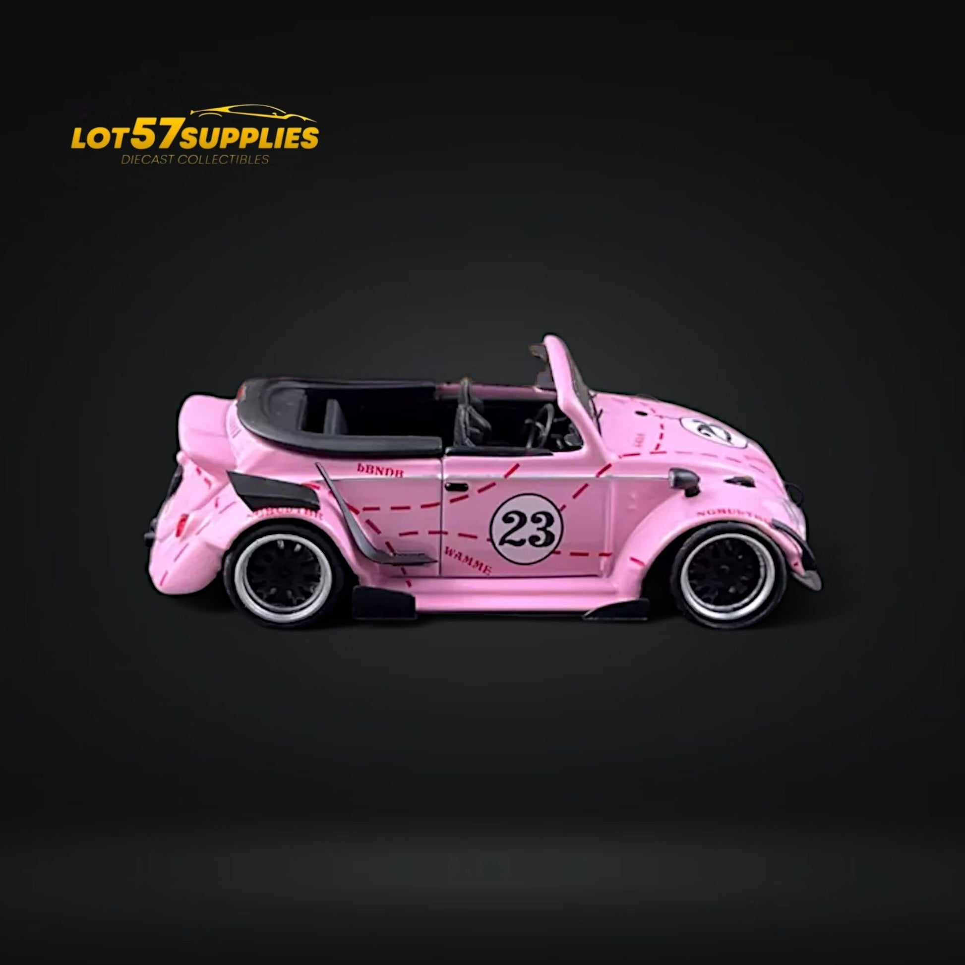 Pink Volkswagen Beetle model car with Pink Pig livery, 1:64 scale diecast collectible from Lot57Supplies Diecast Shop