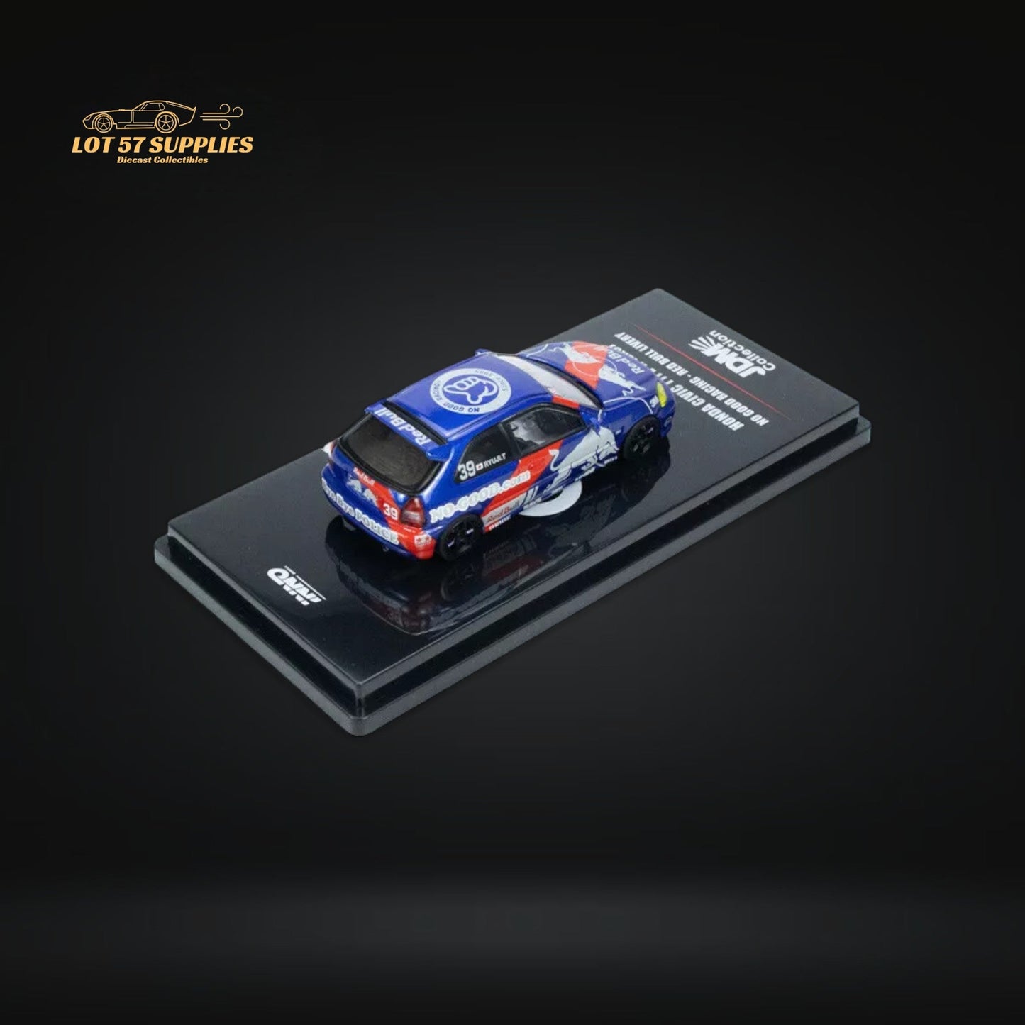 Red Bull livery Honda Civic Type-R EK9 diecast model in 1:64 scale, featuring detailed design and vibrant red and yellow colors.