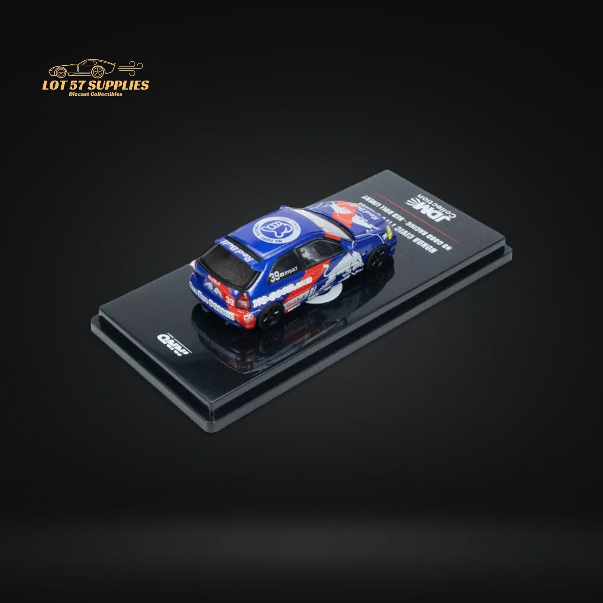 Red Bull livery Honda Civic Type-R EK9 diecast model in 1:64 scale, featuring detailed design and vibrant red and yellow colors.