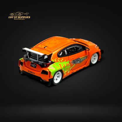 Toyota Yaris GR diecast model in Fast & Furious livery, 1:64 scale by Lot57Supplies Diecast Shop, detailed car with vibrant graphics.