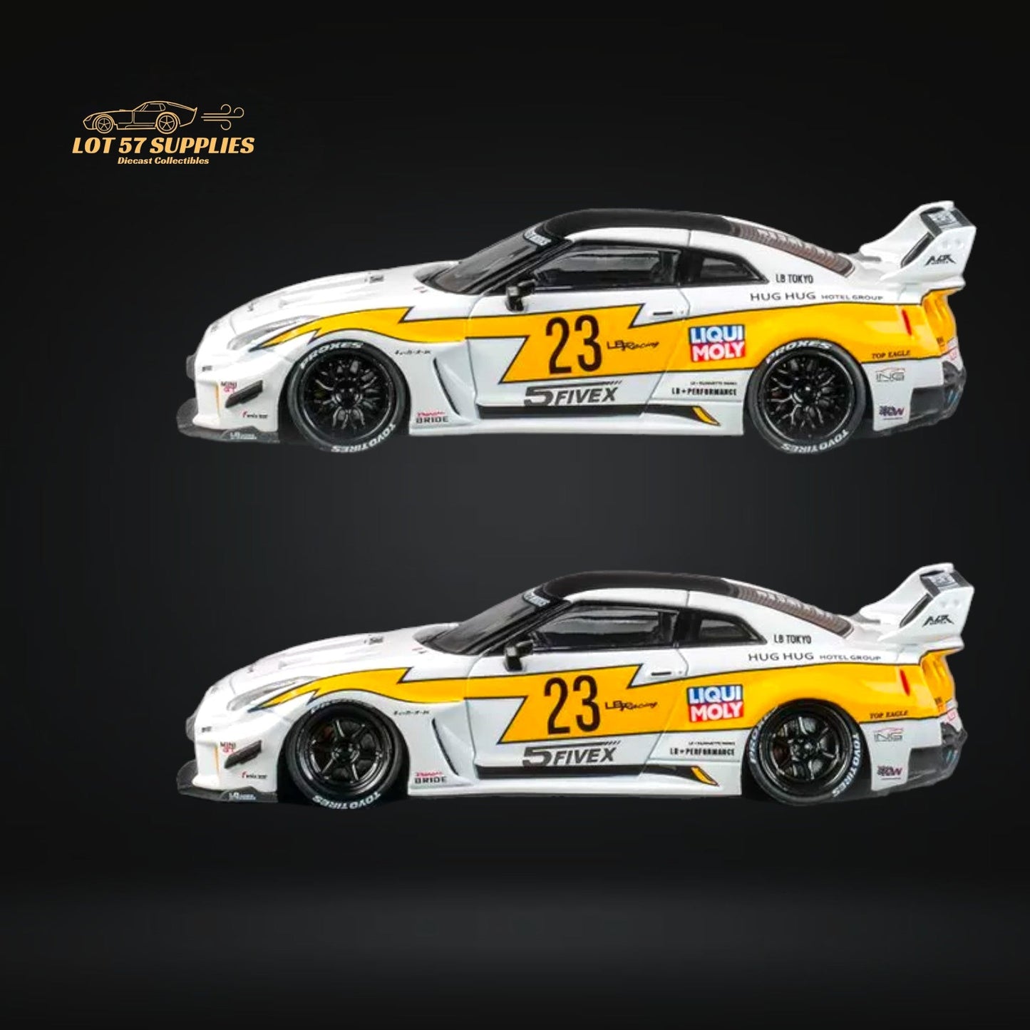 Diecast Nissan Skyline GT-R R35RR LBWK silhouette model in 1:64 scale, showcasing detailed design and black finish.