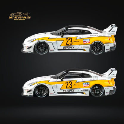 Diecast Nissan Skyline GT-R R35RR LBWK silhouette model in 1:64 scale, showcasing detailed design and black finish.