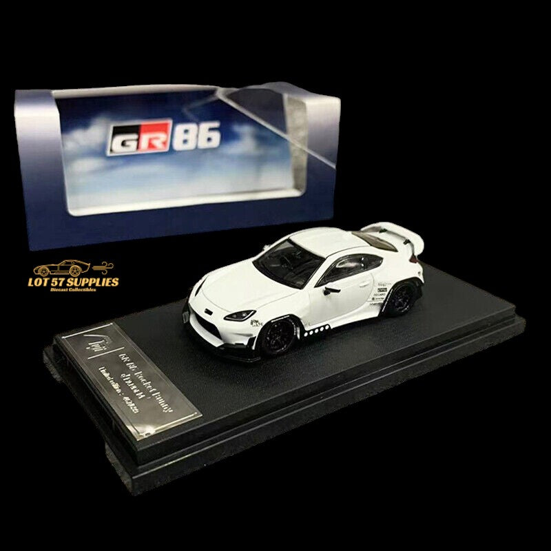 White 1:64 scale Toyota GR86 diecast model featuring Rocket Bunny Pandem body kit, made by Lot57Supplies Diecast Shop.