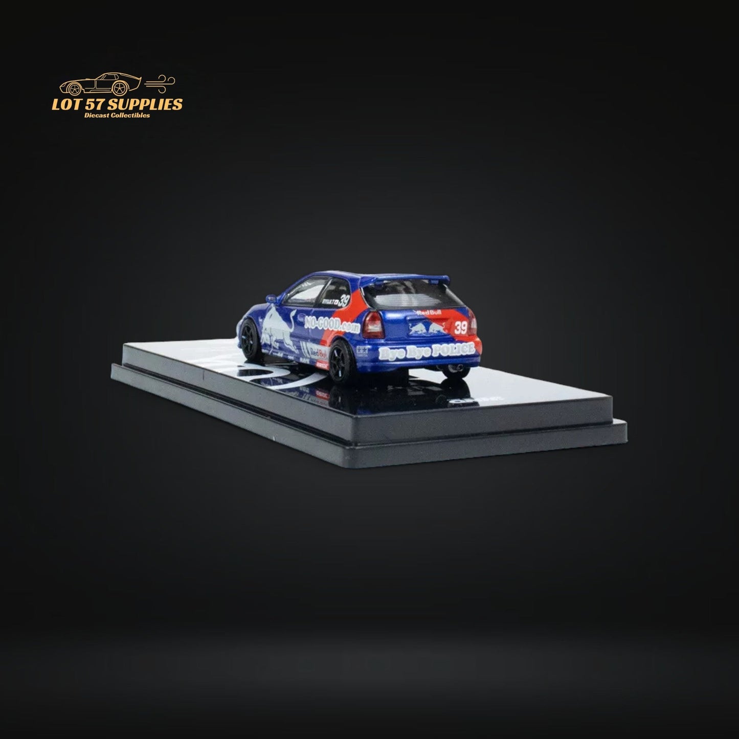 Red Bull livery Honda Civic Type-R EK9 diecast model by Inno64, detailed 1:64 scale with vibrant racing colors.