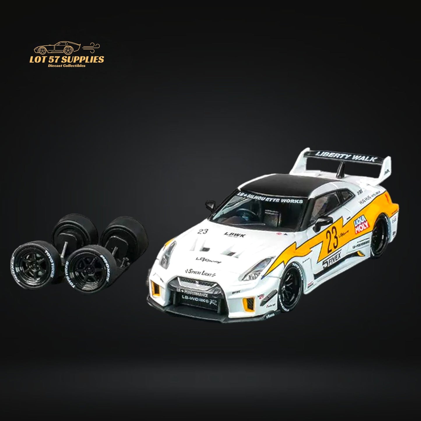 Diecast Nissan Skyline GT-R R35RR LBWK model car in 1:64 scale, detailed silhouette with black finish by Lot57Supplies Diecast Shop