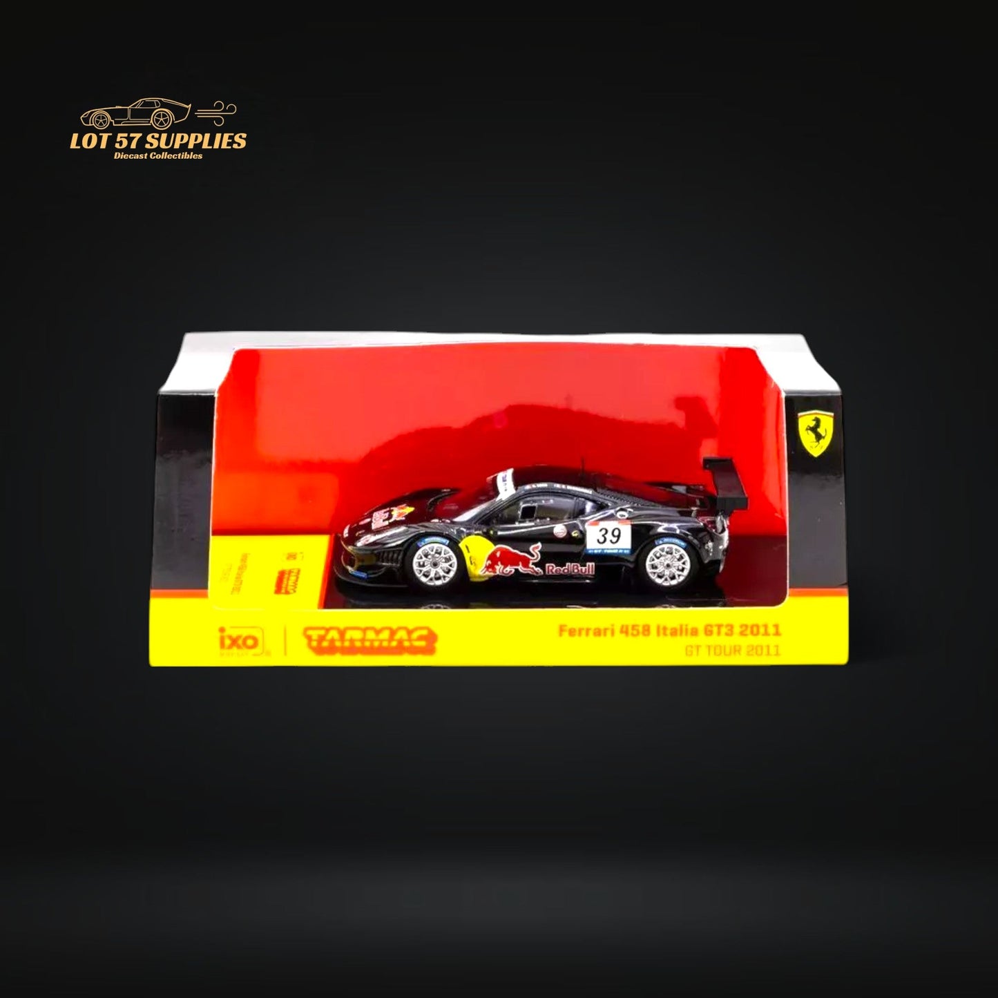 Detailed view of a Flame LB458GT Ferrari wide-body 1:64 resin model by Lot57Supplies Diecast Shop, showcasing the car's design.