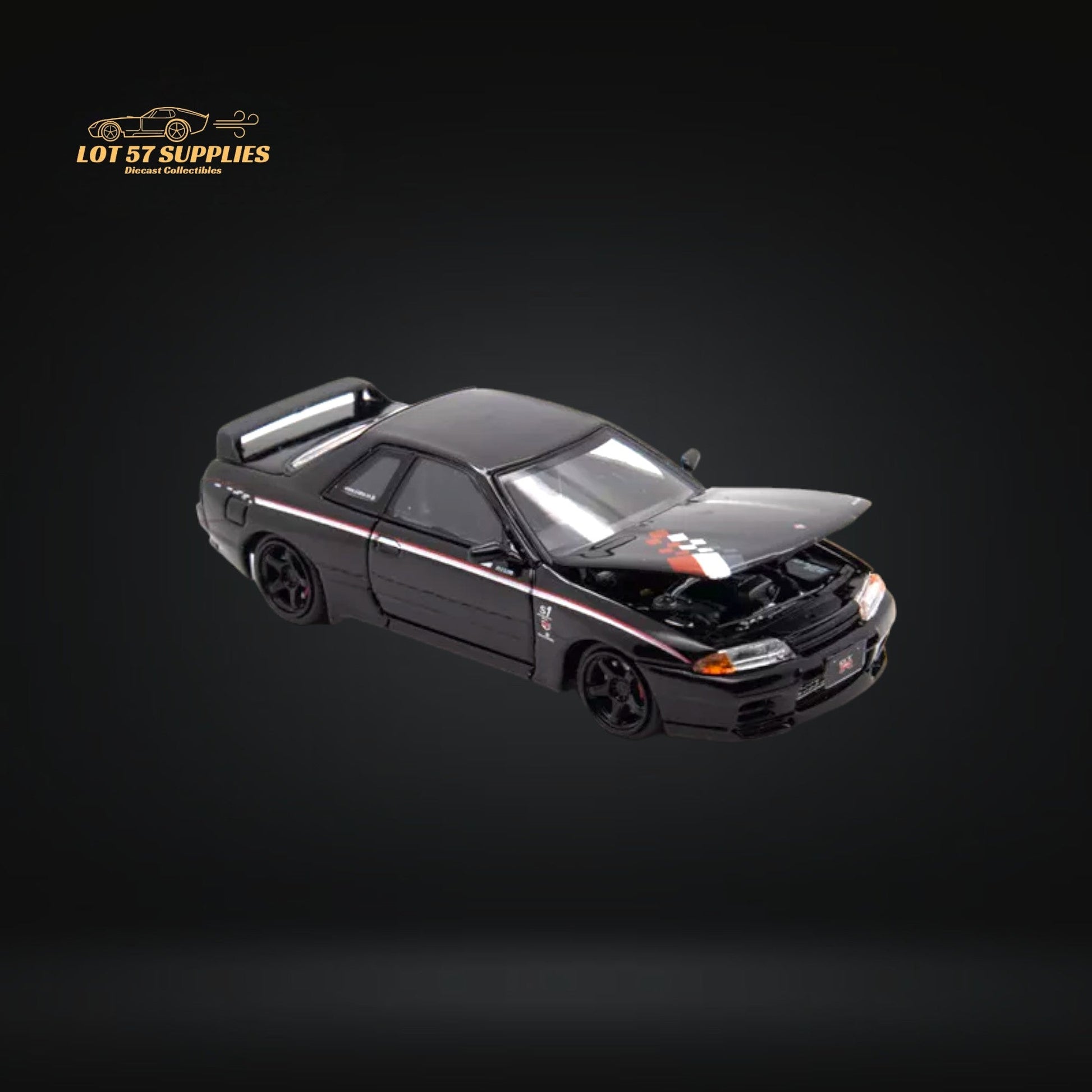 Nissan Skyline R32 GT-R Nismo S-Tune diecast car by Lot57Supplies, 1:64 scale, detailed blue model with racing decals.