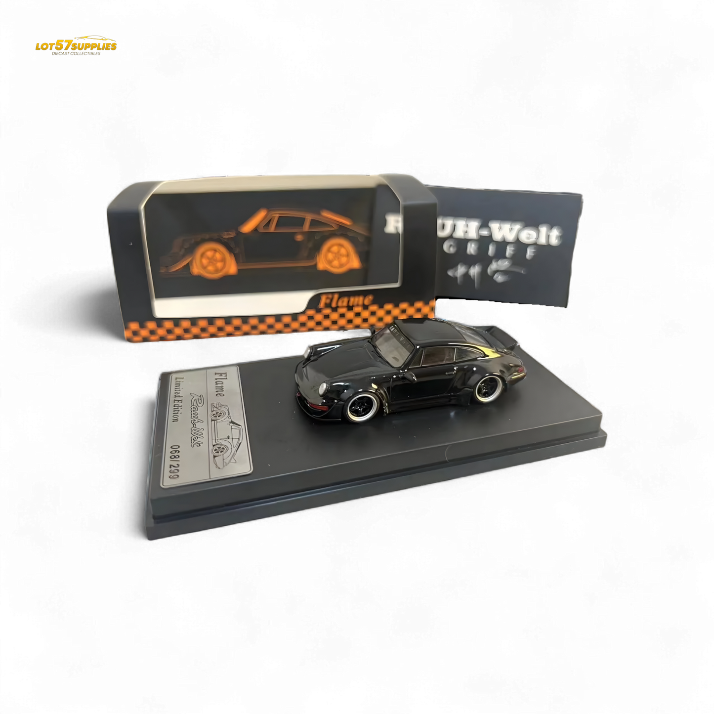 Gloss black Porsche 964 RWB Ducktail diecast model in 1:64 scale, detailed Porsche car by Lot57Supplies Diecast Shop