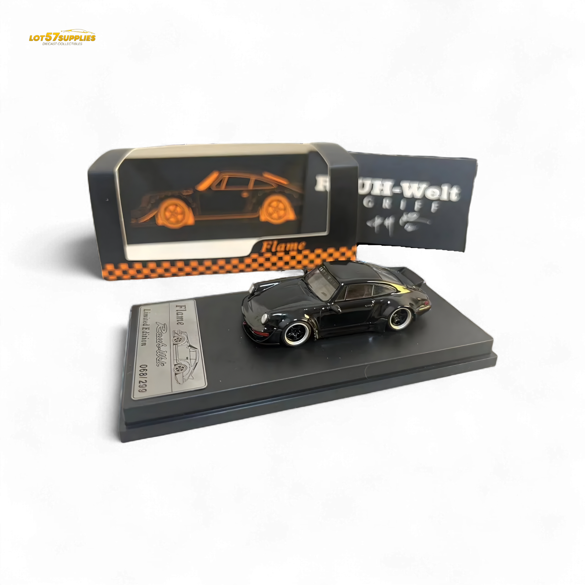 Gloss black Porsche 964 RWB Ducktail diecast model in 1:64 scale, detailed Porsche car by Lot57Supplies Diecast Shop