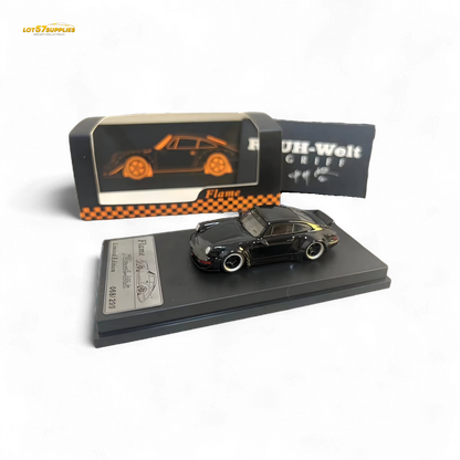 Gloss black Porsche 964 RWB Ducktail diecast model in 1:64 scale, detailed Porsche car by Lot57Supplies Diecast Shop