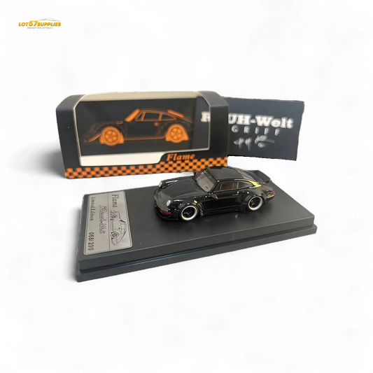 Gloss black Porsche 964 RWB Ducktail diecast model in 1:64 scale, detailed Porsche car by Lot57Supplies Diecast Shop