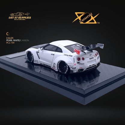Nissan Skyline GT-R R35 diecast model by Lot57Supplies in pearl white with carbon hood, 1:64 scale, detailed miniature car.