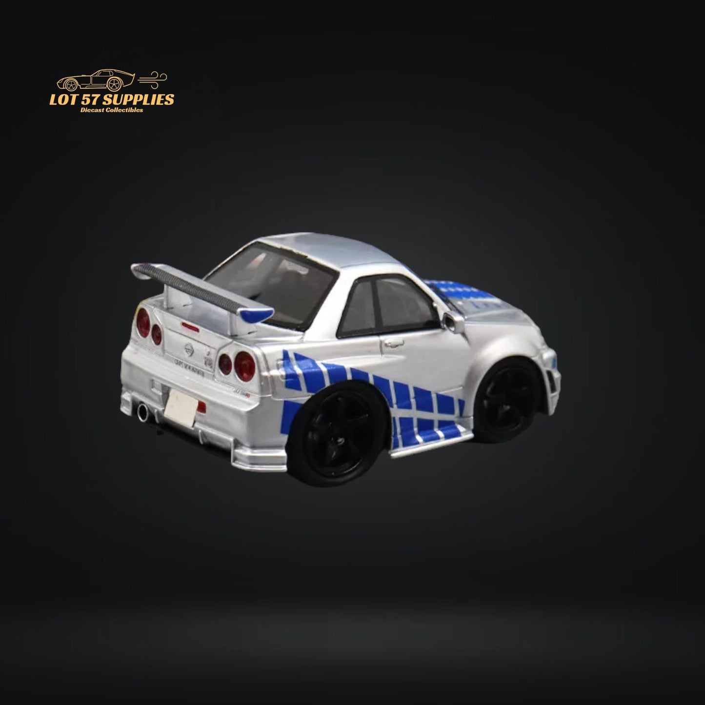 Silver blue Nissan Skyline R34 diecast model with F&F livery, detailed 1:64 scale car from Lot57Supplies Diecast Shop