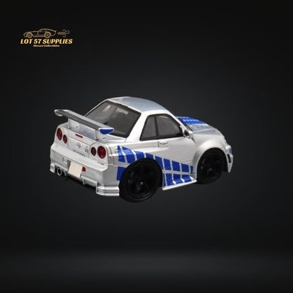 Silver blue Nissan Skyline R34 diecast model with F&F livery, detailed 1:64 scale car from Lot57Supplies Diecast Shop