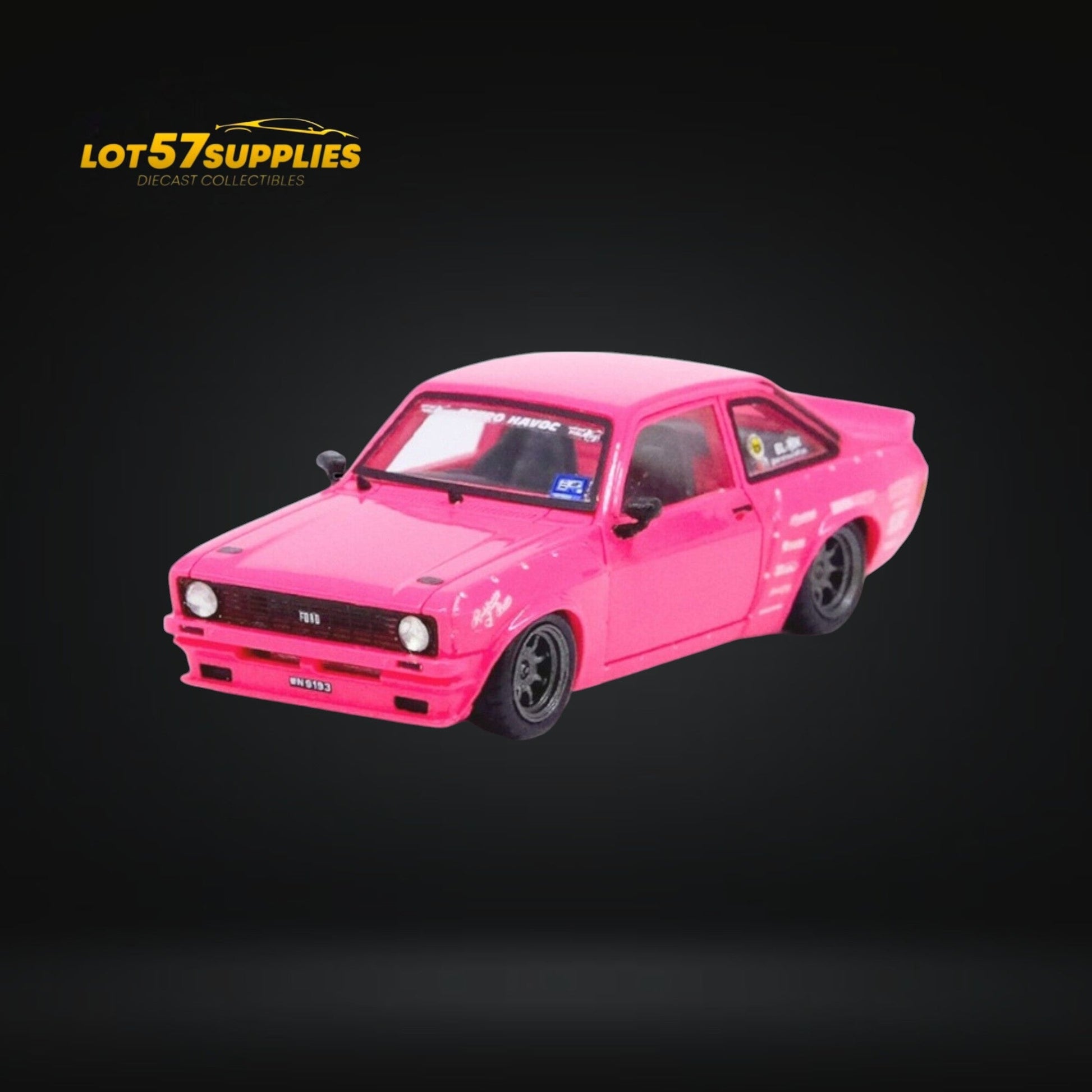Pink Inno64 Ford Escort MK2 Pandem "Emotion" diecast model car with detailed exterior in 1:64 scale.