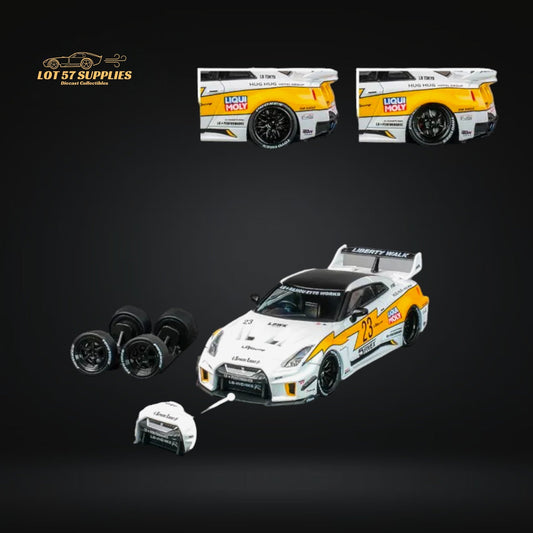 Diecast Nissan Skyline GT-R R35RR LBWK silhouette model in 1:64 scale by Lot57Supplies Diecast Shop, featuring detailed exterior design.