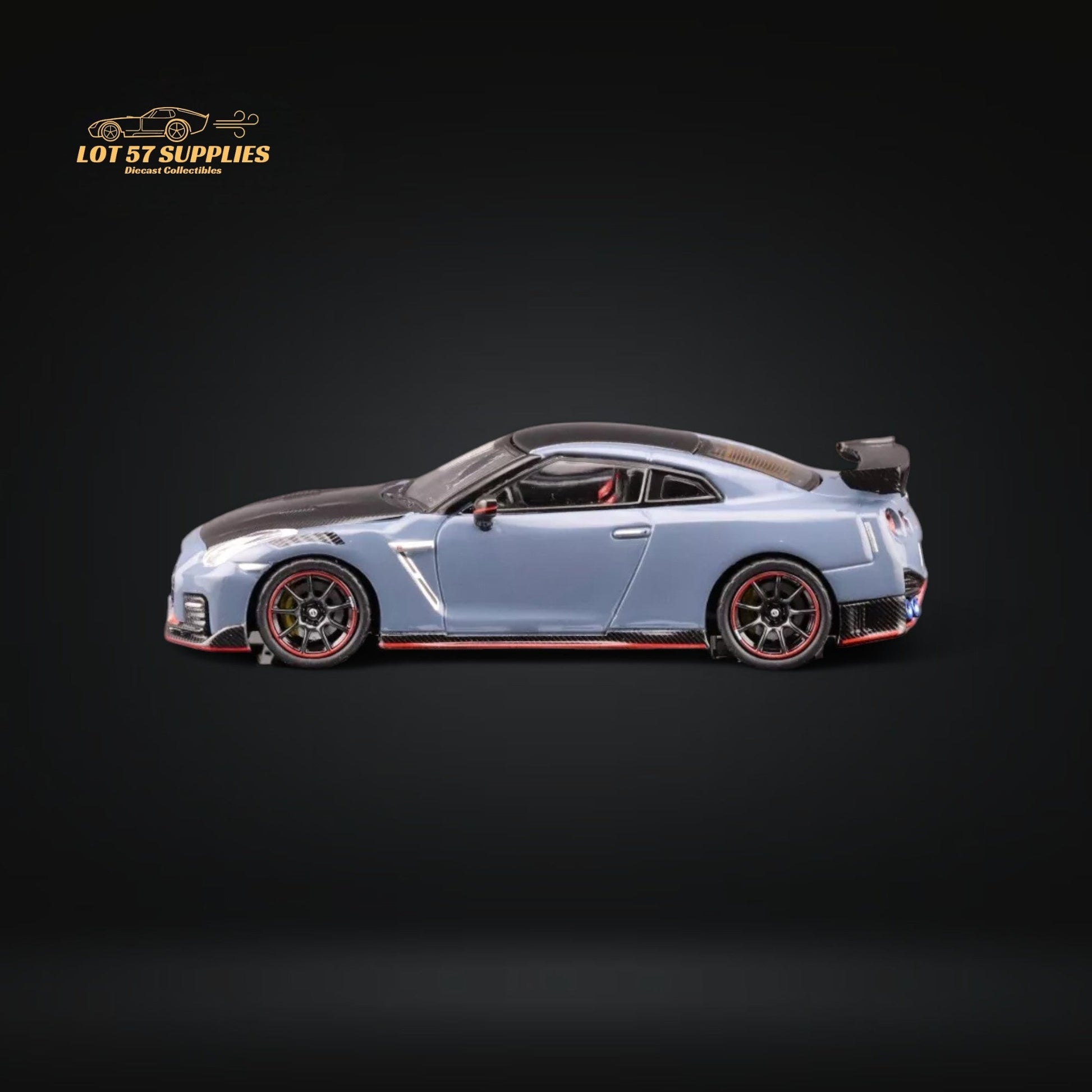Nissan Skyline GT-R R35 Nismo diecast model in stealth gray, 1:64 scale, from Lot57Supplies Diecast Shop.