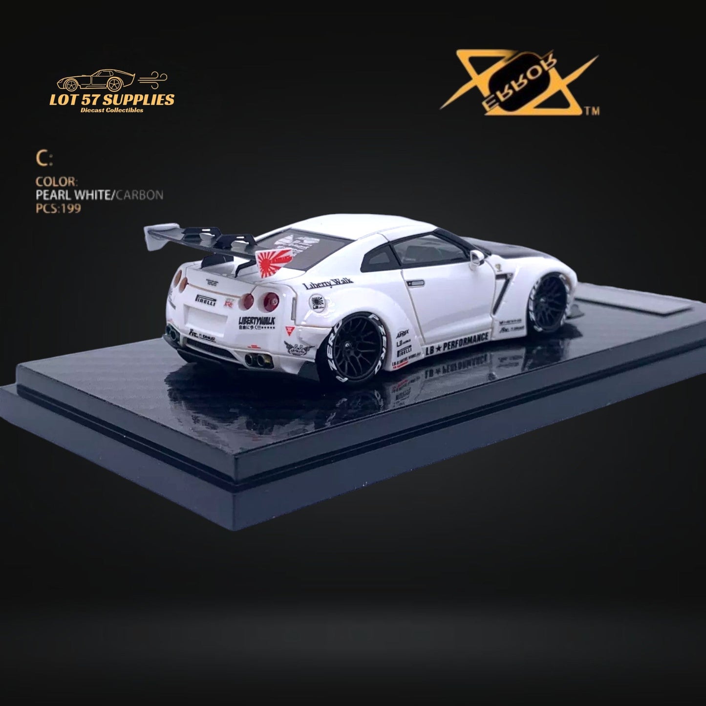Pearl white Nissan Skyline GT-R R35 diecast model with carbon hood, 1:64 scale from LB-Works by Lot57Supplies Diecast Shop