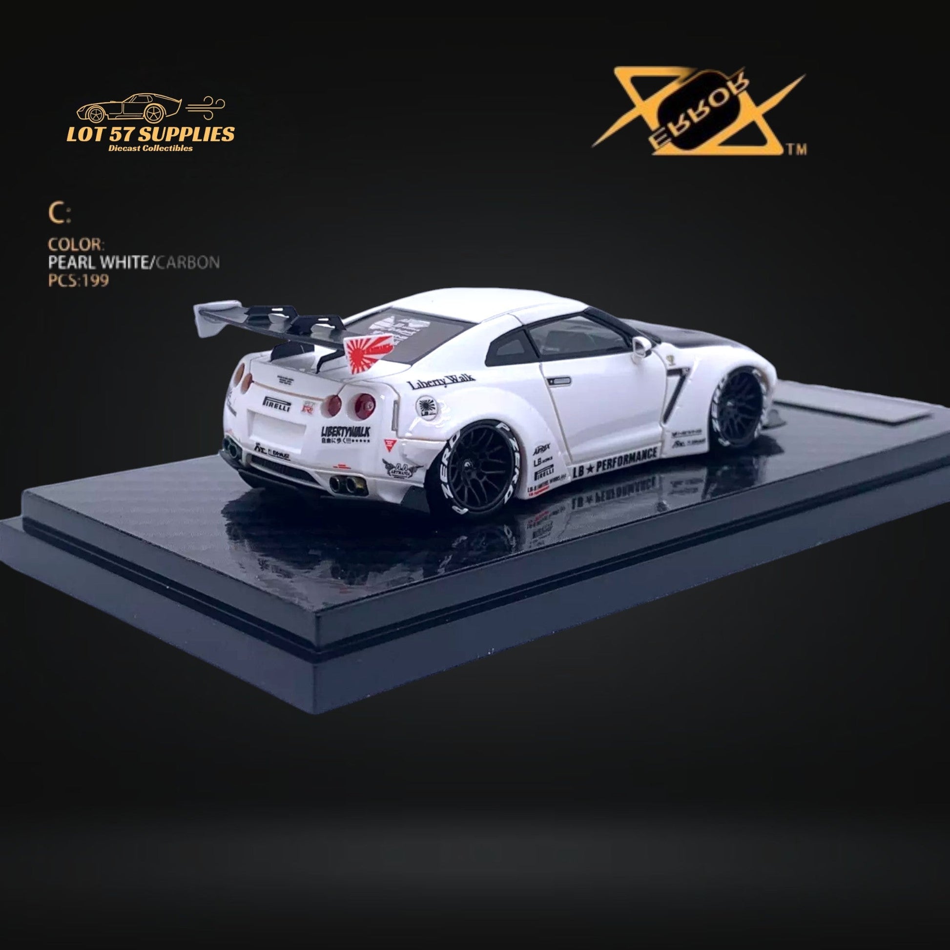 Pearl white Nissan Skyline GT-R R35 diecast model with carbon hood, 1:64 scale from LB-Works by Lot57Supplies Diecast Shop