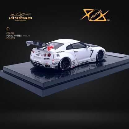 Pearl white Nissan Skyline GT-R R35 diecast model with carbon hood, 1:64 scale from LB-Works by Lot57Supplies Diecast Shop