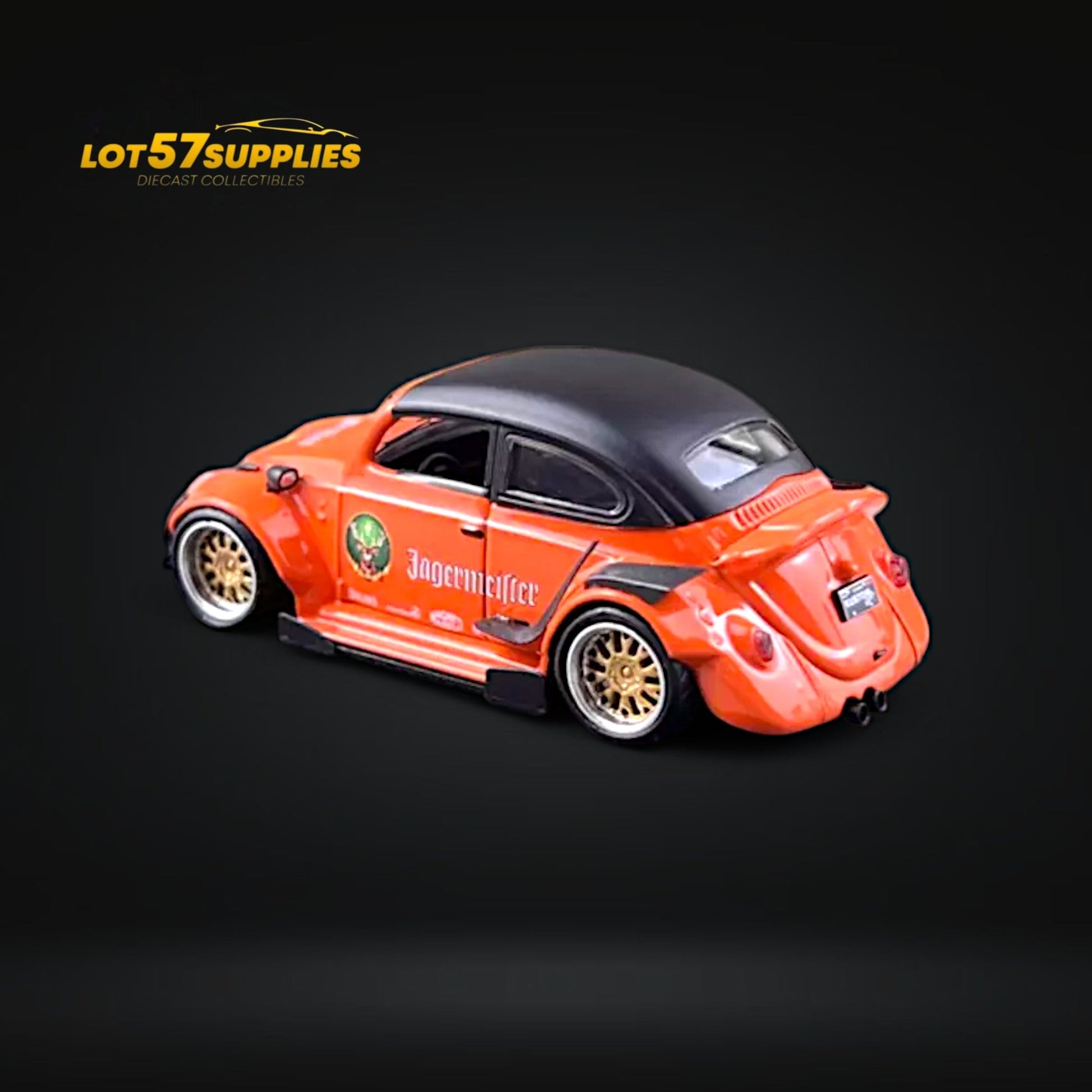 Detailed image of a 1:64 scale HKM Model VW Beetle Jagermeister diecast car, featuring vivid branding and classic Volkswagen design.