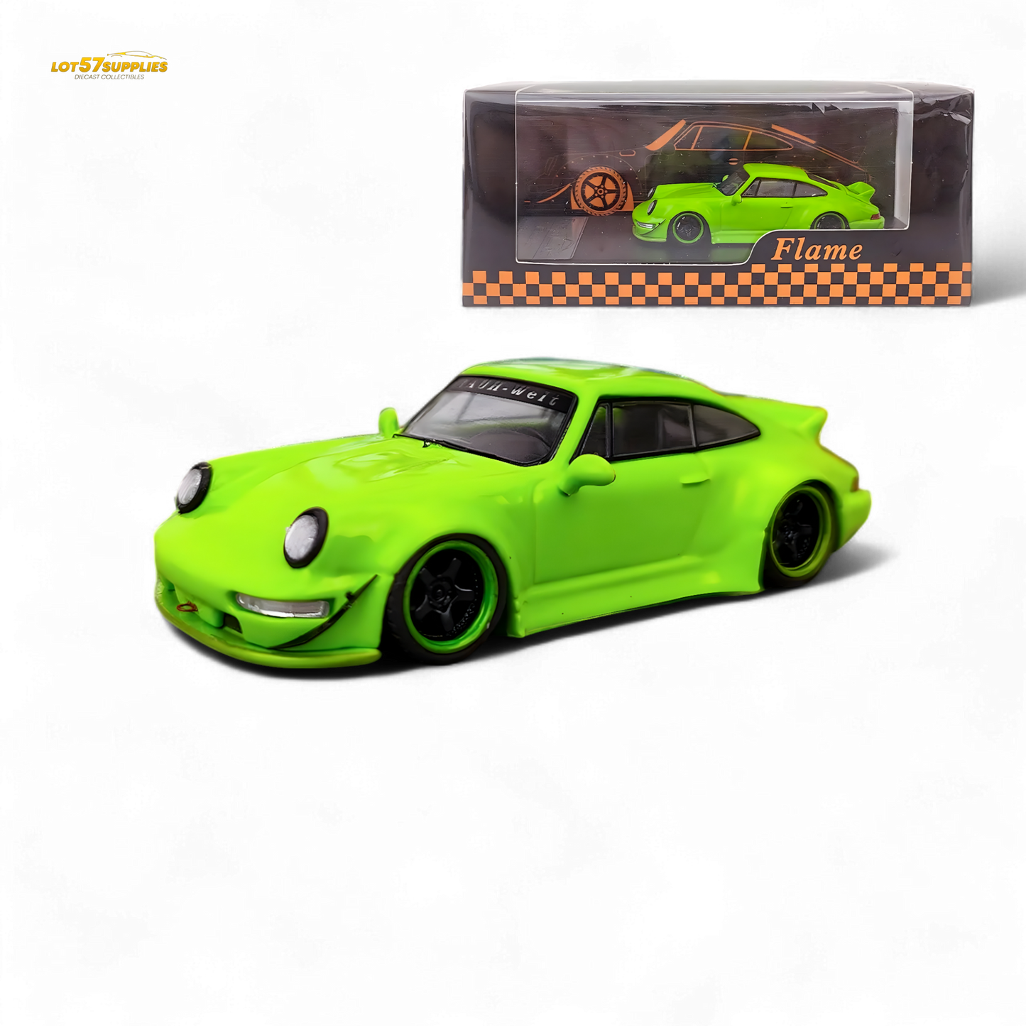 Flame green Porsche 964 RWB diecast car with ducktail spoiler, 1:64 scale, crafted by Lot57Supplies Diecast Shop.