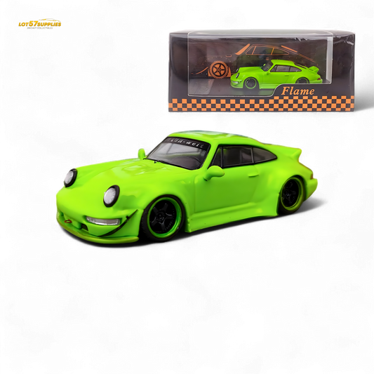 Flame green Porsche 964 RWB diecast car with ducktail spoiler, 1:64 scale, crafted by Lot57Supplies Diecast Shop.