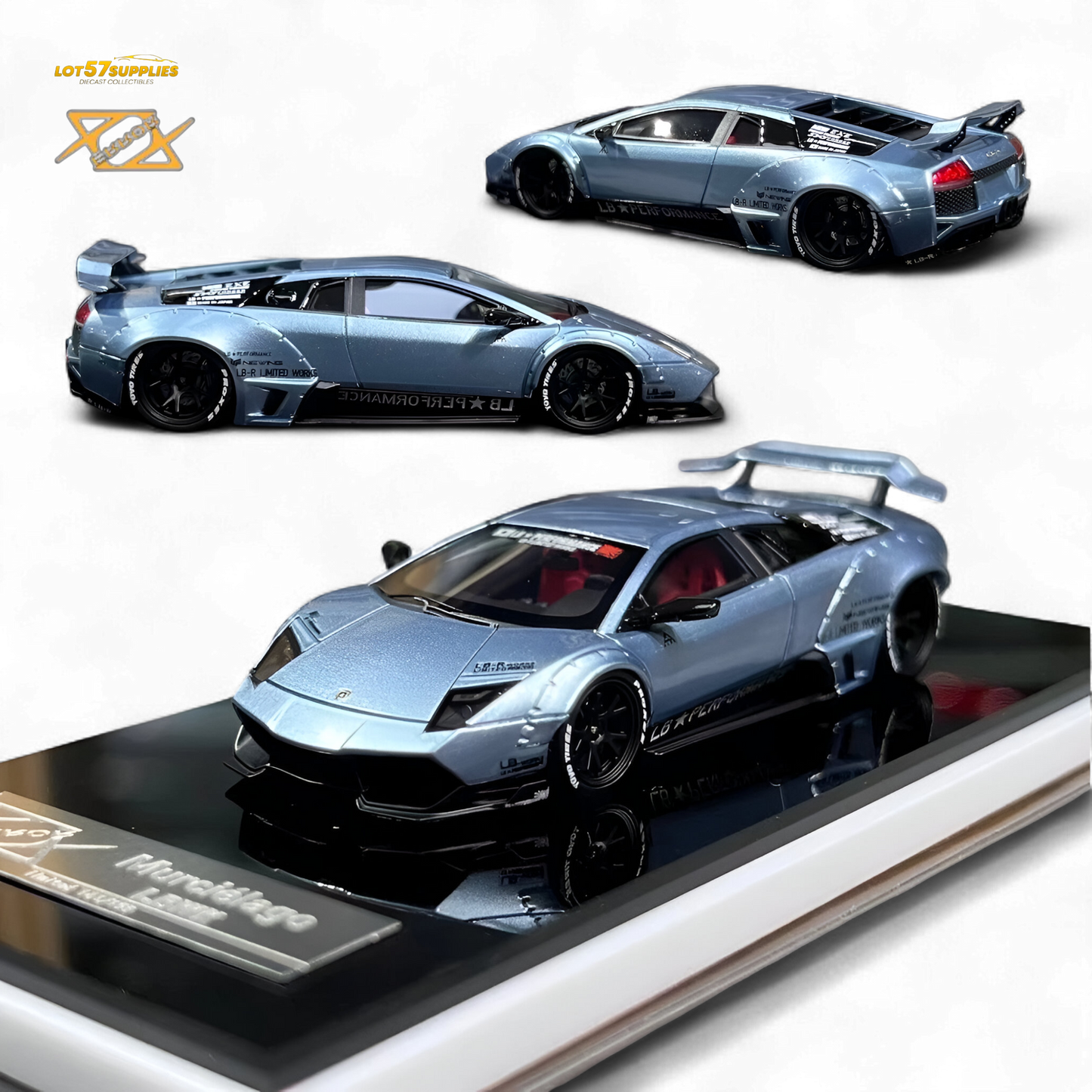 Lamborghini Murcielago LBWK diecast model in ice blue, 1:64 scale, detailed miniature collectible from Lot57Supplies Diecast Shop.