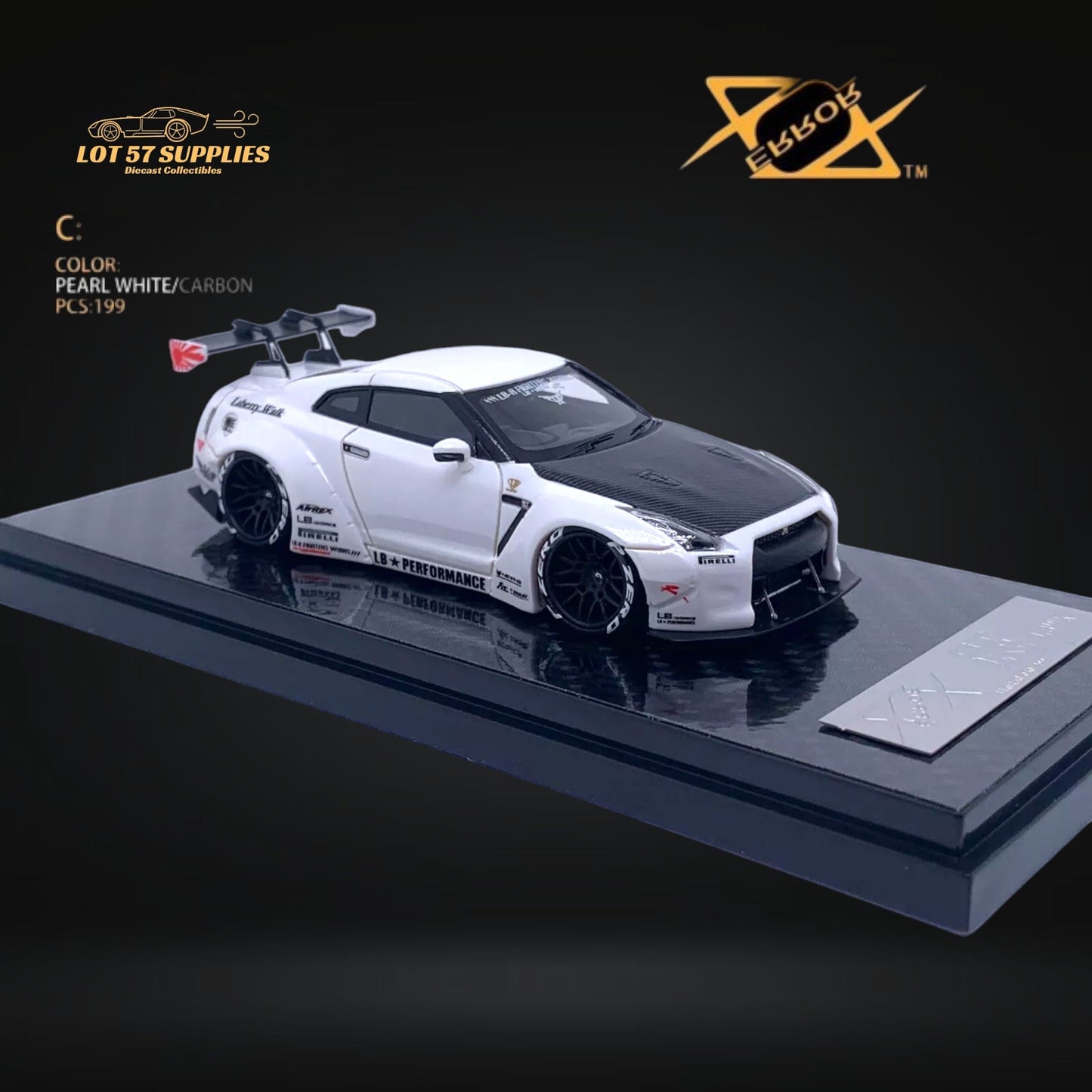 Pearl white Nissan Skyline GT-R R35 diecast model with carbon hood, 1:64 scale from LB-Works by Lot57Supplies Diecast Shop.