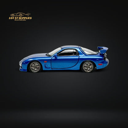 Metallic blue Mazda RX-7 FD3S diecast model in 1:64 scale from Lot57Supplies, detailed miniature car with realistic features.