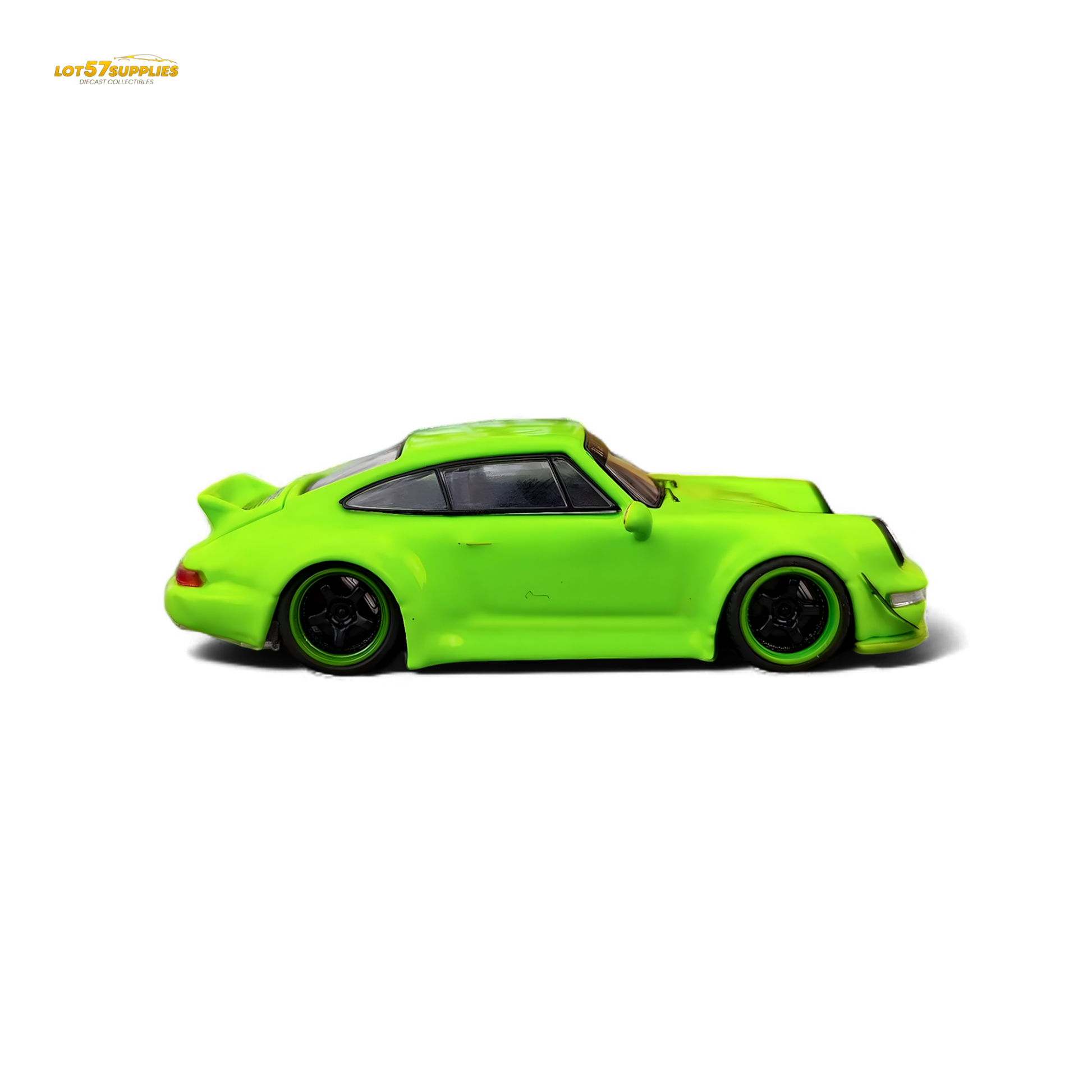 Flame green Porsche 964 RWB Ducktail diecast model by Lot57Supplies, detailed 1:64 scale Porsche car with vibrant finish