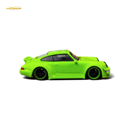 Flame green Porsche 964 RWB Ducktail diecast model by Lot57Supplies, detailed 1:64 scale Porsche car with vibrant finish