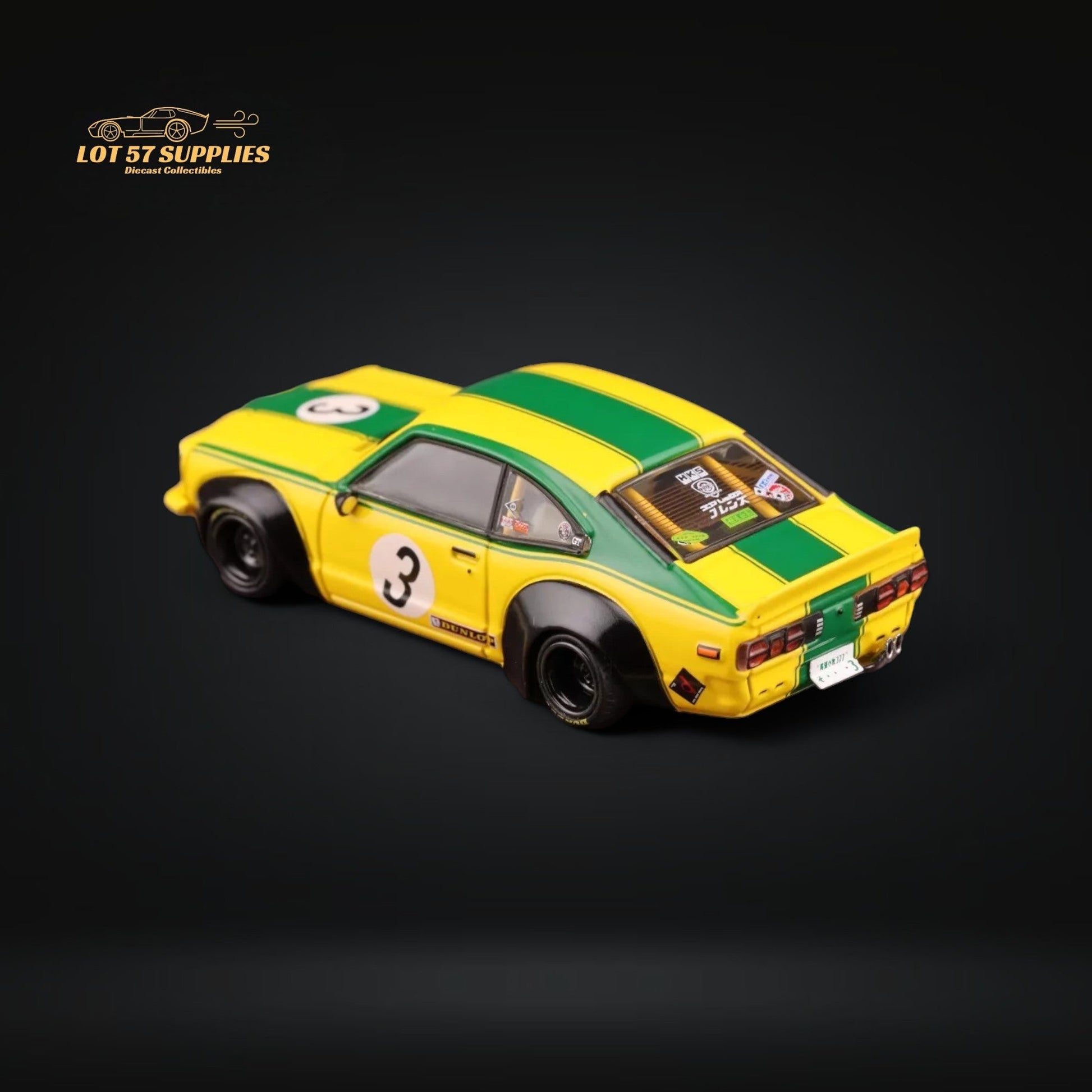 Yellow-green Inno64 Mazda RX-3 Savanna LBWK diecast car, 1:64 scale, detailed model with racing livery and authentic features.