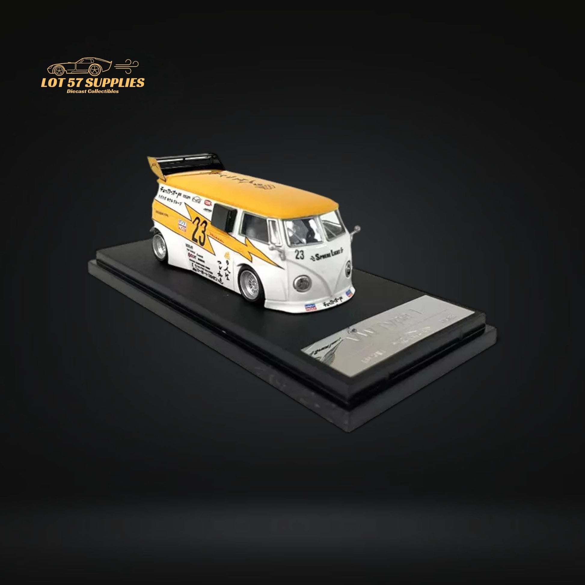 Diecast VW Volkswagen T1 Van model with Aurora Model #23 Livery, detailed 1:64 scale, yellow and black design, Lot57Supplies Diecast Shop