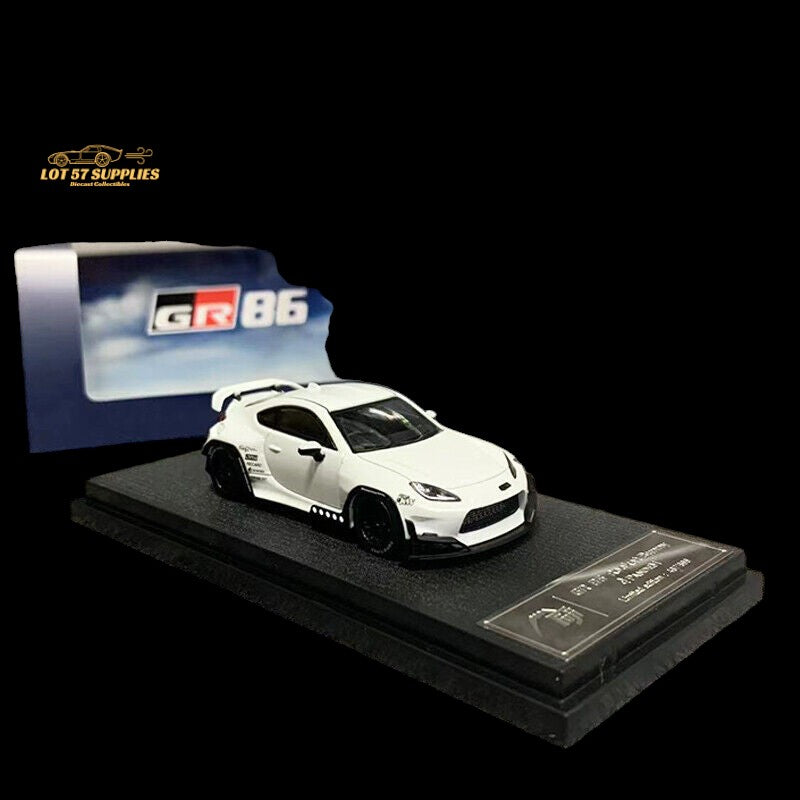 White Toyota GR86 diecast model with Rocket Bunny Pandem body kit, 1:64 scale, detailed collectible toy from Lot57Supplies Diecast Shop