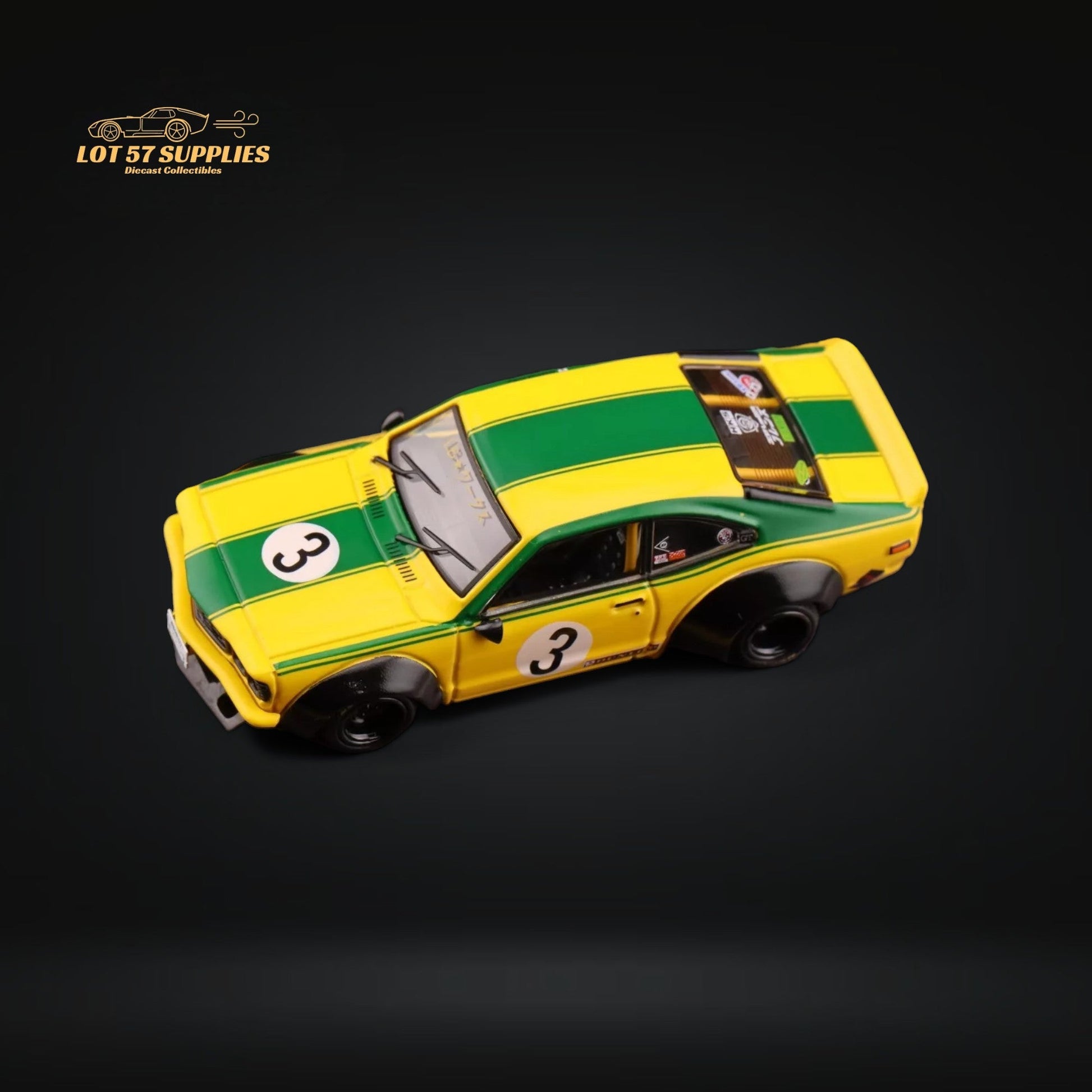 Yellow-green Inno64 Mazda RX-3 Savanna LBWK diecast car in 1:64 scale, detailed model with black wheels and racing decals