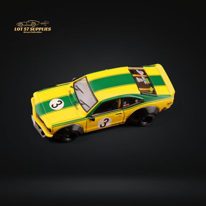 Yellow-green Inno64 Mazda RX-3 Savanna LBWK diecast car in 1:64 scale, detailed model with black wheels and racing decals