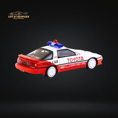 Diecast 1:64 Toyota Supra A70 Pace Car model by Tarmac Works, detailed silver car with racing decals.