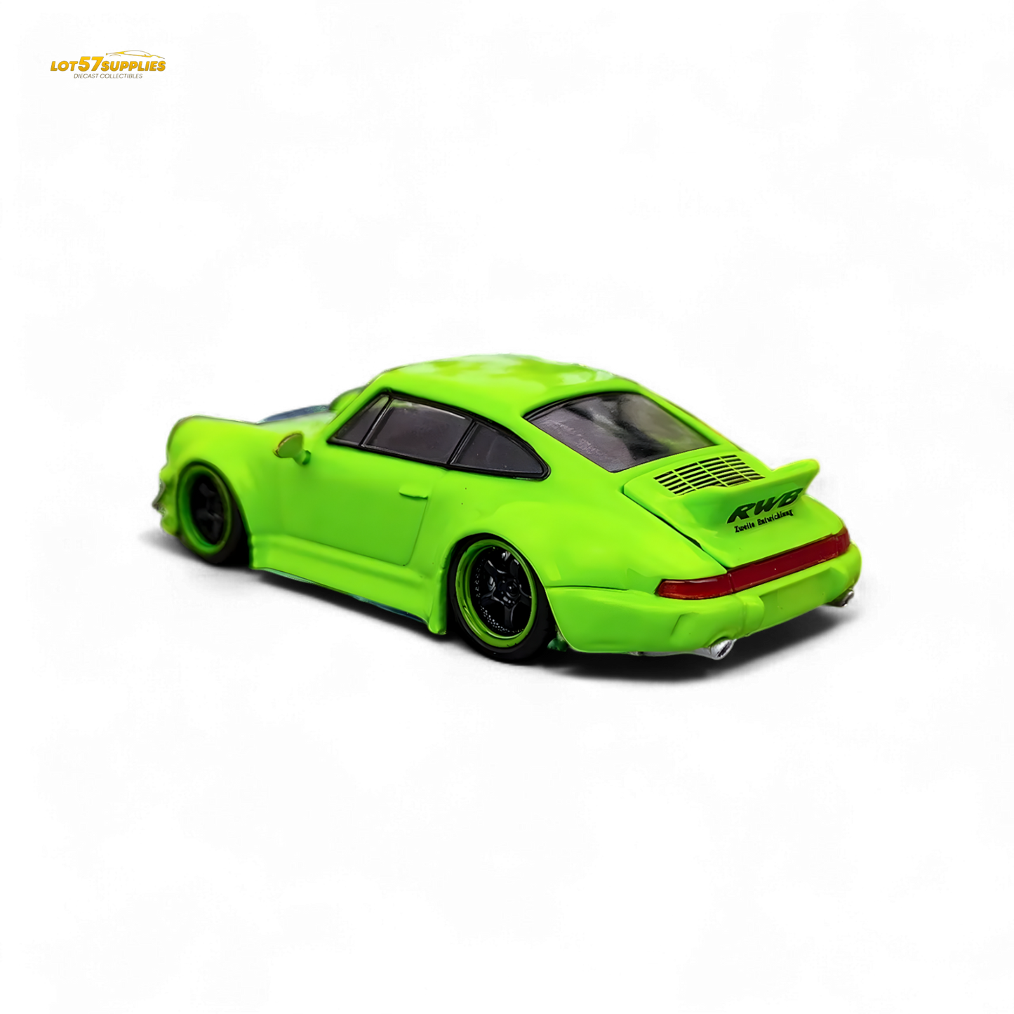 Flame green Porsche 964 RWB Ducktail diecast model car in 1:64 scale by Lot57Supplies Diecast Shop with detailed features.