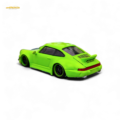 Flame green Porsche 964 RWB Ducktail diecast model car in 1:64 scale by Lot57Supplies Diecast Shop with detailed features.